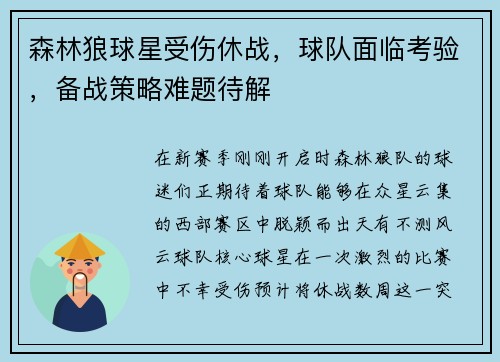 森林狼球星受伤休战，球队面临考验，备战策略难题待解