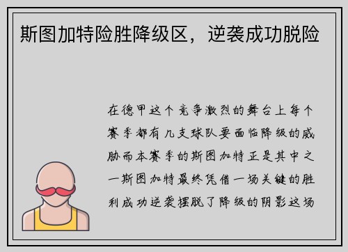 斯图加特险胜降级区，逆袭成功脱险