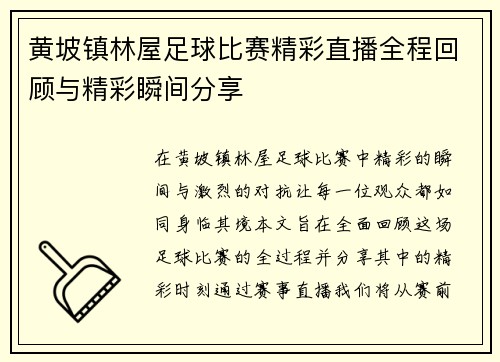 黄坡镇林屋足球比赛精彩直播全程回顾与精彩瞬间分享